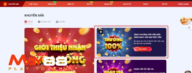 May88 tặng 100% lần nạp đầu tiên